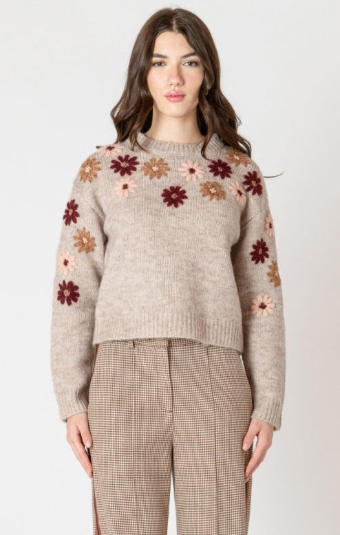 Crewneck Floral Applique Sweater