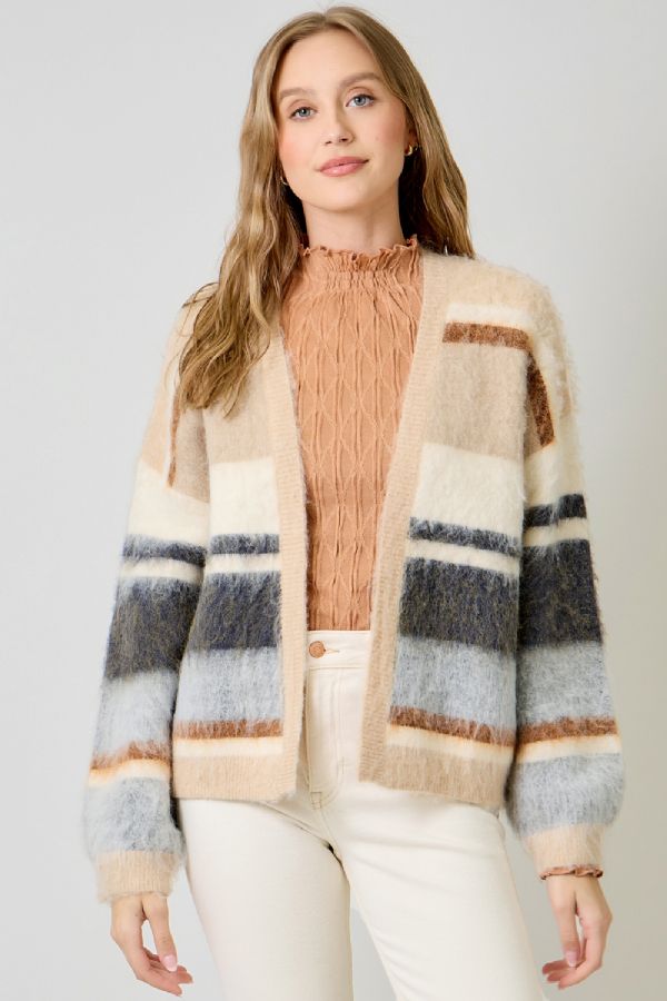 Fuzzy Color Block Cardigan
