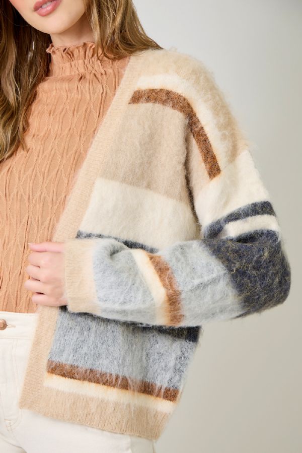 Fuzzy Color Block Cardigan