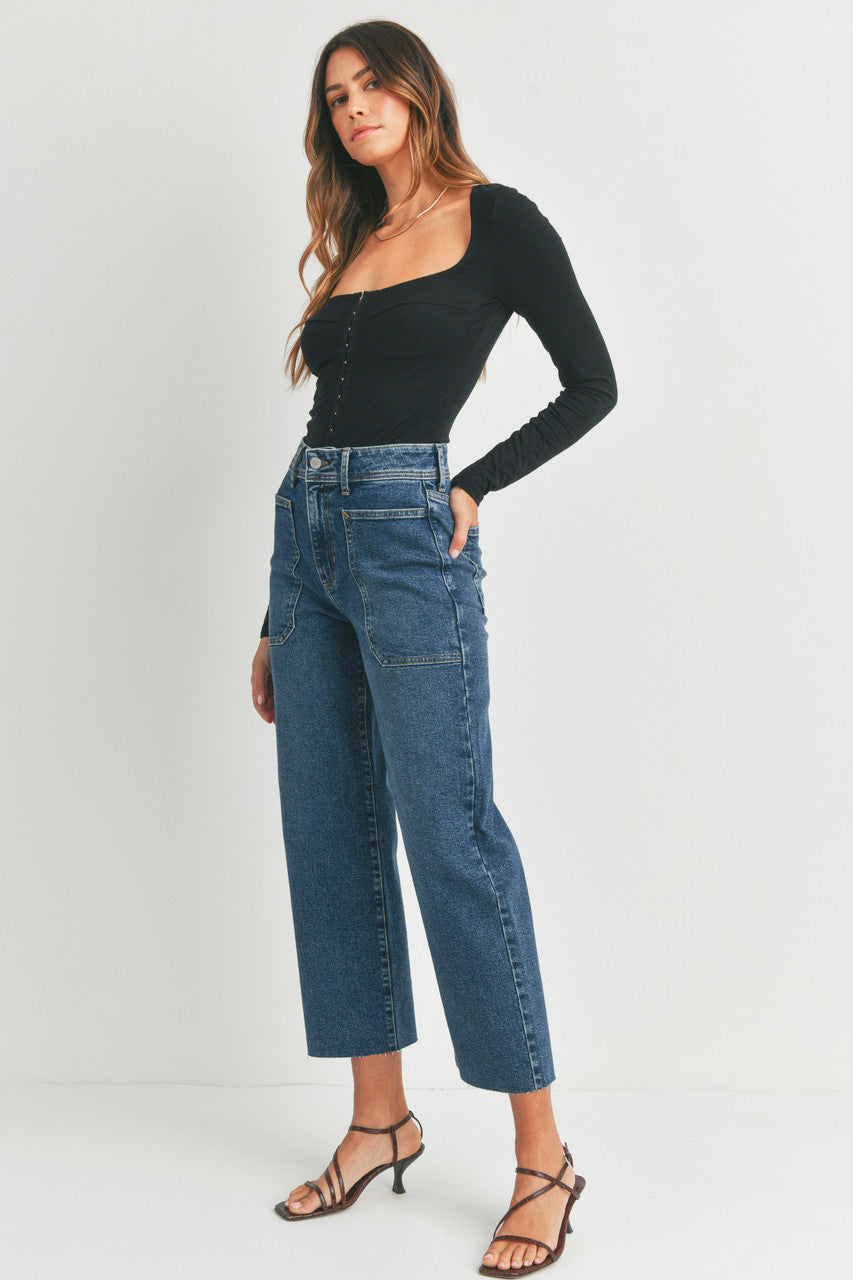 Just Black Denim High Rise Utility Pocket Wide Leg Jeans Dark Denim